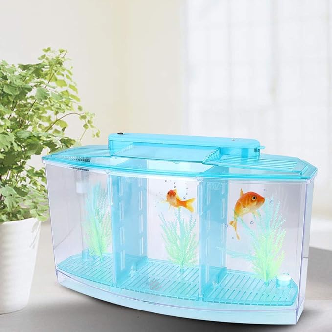 Aquarium Fish , Three Divisions Breeding Isolation Mini Aquarium komplettset LED Acrylic Box for Small Fishes() (Blue)