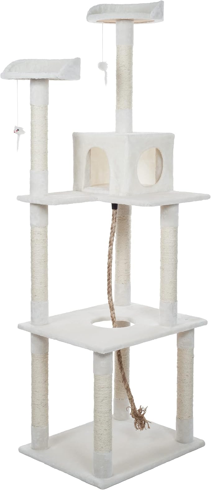 Cat Tree - 6-Foot Cat Tower for Indoor Cats with Napping Perches, Kitty Condo, 9 Cat Scratching Posts, 2 Hanging Toys, and Rope by PETMAKER (Ivory)