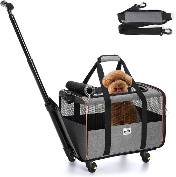 Lekesky Cat Dog Carrier with Wheels Airline Approved Rolling Pet Carrier with Telescopic Handle and Shoulder Strap, Grey