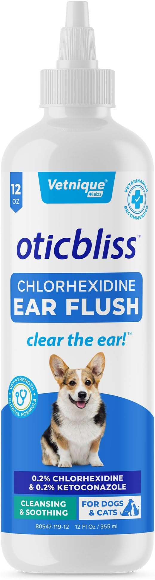 Vetnique Oticbliss Medicated Dog Ear Infection Treatment, Antiseptic Ear Cleaner for Cat & Dog Ear Cleaning Solution with Chlorhexidine & Ketoconazole (12oz Flush)