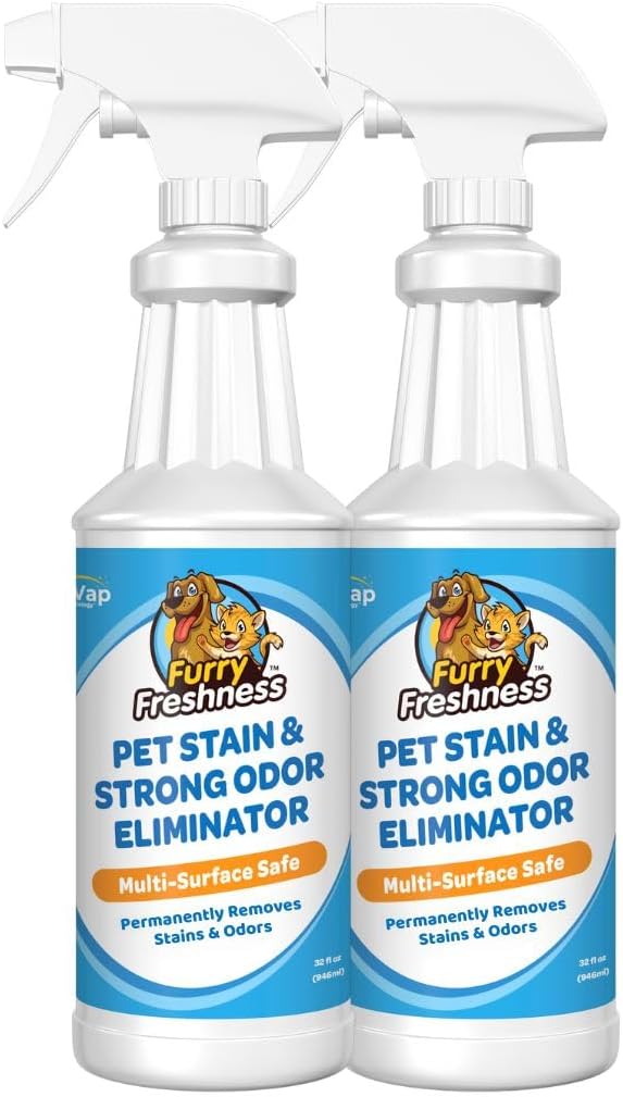 FurryFreshness Extra Strength Cat or Dog Pee Stain & Permanent Odor Remover + Smell Eliminator -Removes Stains from Pets & Kids Including Urine or Blood- Lifts Old Carpet Stains- (2 Pack)