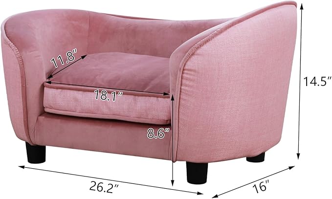 Pet Sofa Bed, Velvet Couch with Washable Cushion for Small Dog Cat, Gray (Pink)