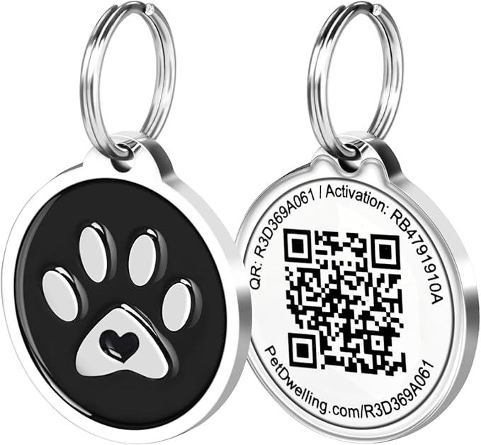Premium Pet ID Tag for Dogs and Cats: Easy Scan QR Code, Instant Online Pet Profile Access, & Scan Location Alerts(Black Paw)
