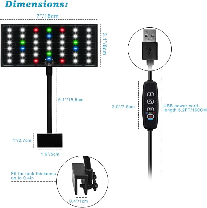 Clip On Aquarium Light with Timer for 3 to 8 Gal Fish Tank (Dimmable Full Spectrum LED) USB Moving Lamp for Open Terrarium (Adapter NOT Included)