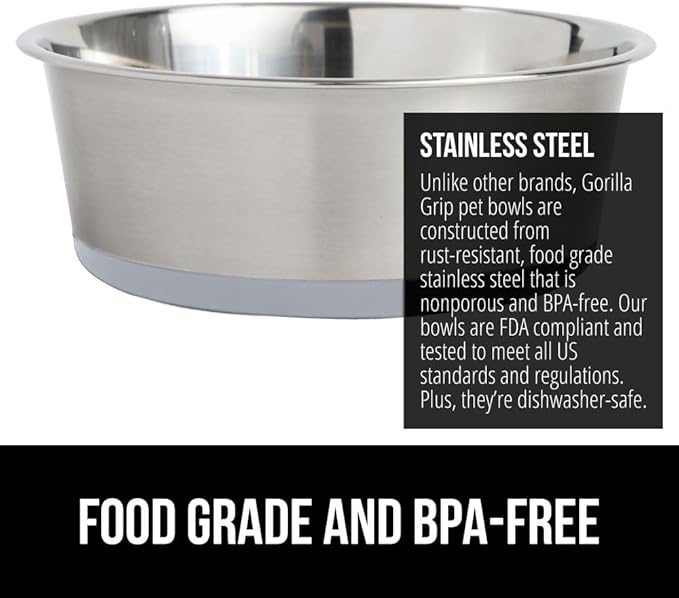 Gorilla Grip Stainless Steel Metal Dog Bowl Set of 2, Rubber Base, Heavy Duty Feeding Dishes, Food Grade BPA Free, Less Sliding, Quiet Pet Bowls for Cats and Dogs, Holds 4 Cups (32 fl oz), Lt Gray