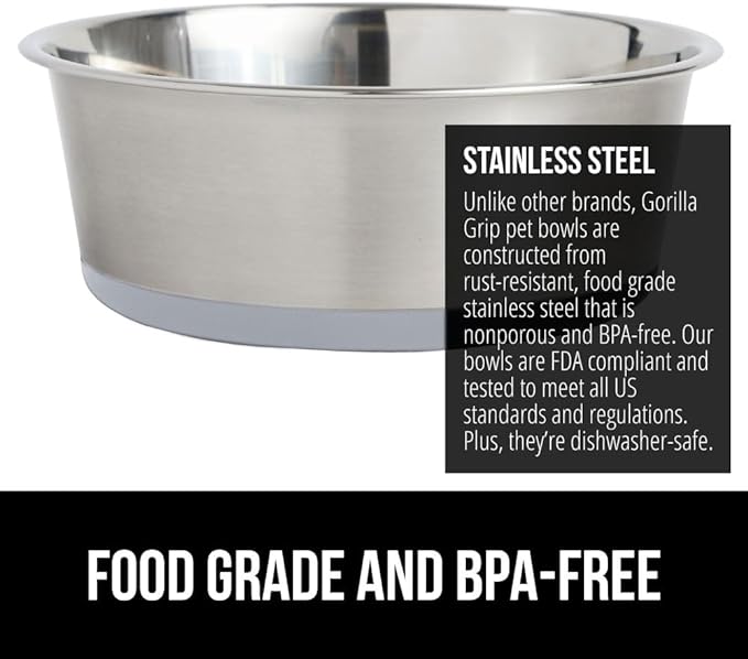 Gorilla Grip Stainless Steel Metal Dog Bowl Set of 2, Rubber Base, Heavy Duty Feeding Dishes, Food Grade BPA Free, Less Sliding, Quiet Pet Bowls for Cats and Dogs, Holds 3 Cups (24 fl oz), Lt Gray