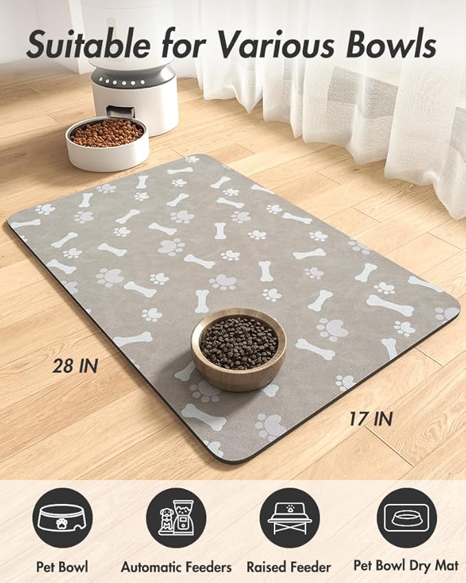 Pet Feeding Mat-Absorbent Dog Food Mat-Dog Mat for Food and Water-No Stains Quick Dry Dog Water Dispenser Mat-Pet Supplies-Dog Placemat Dog Water Bowl for Messy Drinkers (17"x28", Grey)