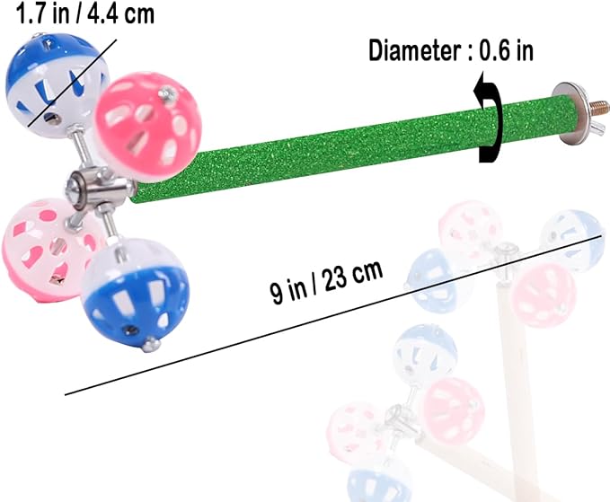Perch Toy with Rotating Balls Suit for Small and Medium Birds, Budgies, Budgerigars, Parakeets, Parrots, Cockatiels, Parrotlets, Lovebirds, Ringnecks, Conures (Natural Quartz Sands, Green)