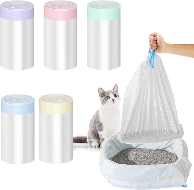 50 Count Jumbo Cat Litter Box Liners Large Drawstring Cat Litter Liners Unscented Tear Resistant Cat Litter Bags for Trash Waste to Keep Your Home Clean (White, Multicolor,39 x 22 Inch)