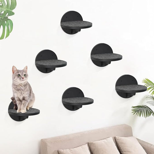 Y&ME YM 6-Packs Cat Climbing Shelves Wall Mounted, Cat Wall Steps Shelves, Cat Wall Shelves with Scratching Pad, Cat Wall Furniture for Cats Sleep Climb Play, Cat Shelves Cat Stairs Cat Ladder (Black)