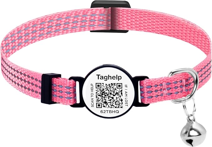 Reflective Cat Collar Personalized with Name ID Tag and Bell. QR Code Name Tag, Cat Smart ID Tag Breakaway.Ultra-Durable, Adjustable, Quick Release, Fits Most Cats (Pink B)