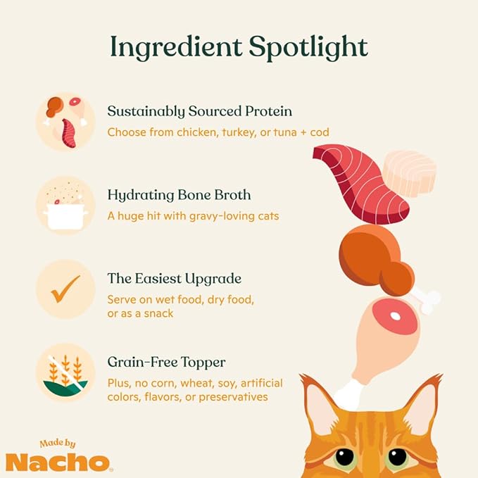 Made by Nacho Wet Cat Food Homestyle Bone Broth Variety Pack Hydrating Food Topper, Chicken (x4), Turkey (x4), and Tuna and Cod Flakes (x4) Limited Ingredients, 2.5oz (12 pouches)