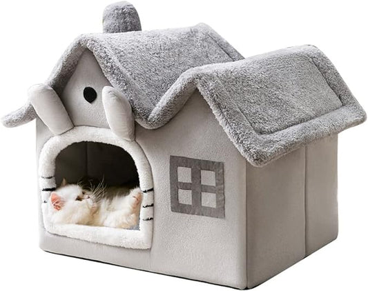 Luxury Double Roof Indoor Dog House Cat Nest,Foldable Warm Soft Kennel,30D High Elastic Memory Sponge,Removable Cushion and Non-Slip Bottom (Grey Double Roof, M)