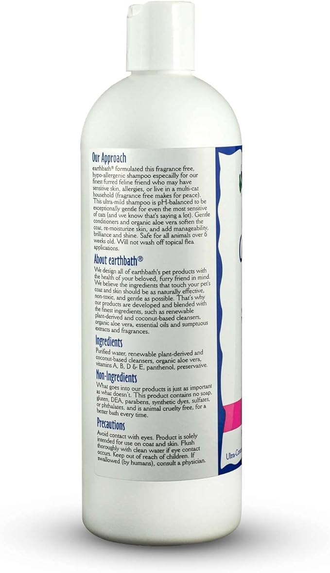 earthbath, Hypoallergenic Cat Shampoo - Fragrance Free Cat Shampoo for Allergies and Itching, Made in USA, Cruelty Free Cat Wash, Gentle & Soothing Kitty Shampoo - 16 Oz (1 Pack)