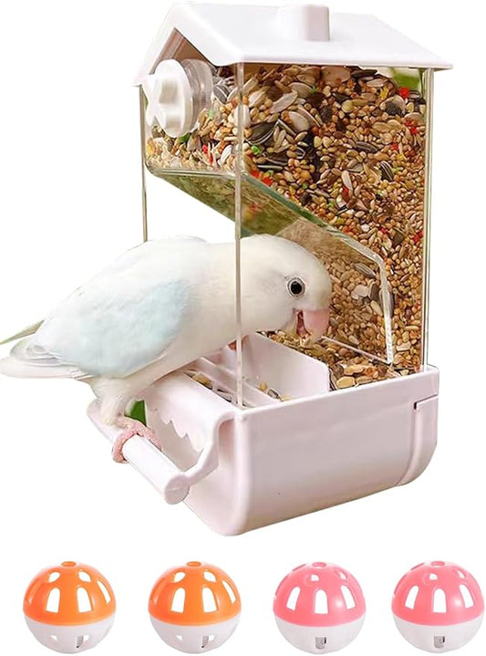 No Mess Bird Feeder for Cage 5Pcs Automatic Parrot Feeder Transparent Acrylic Seed Food Container Cage Accessories with Ball Toy for Small and Medium Parakeets Lovebirds Canaries (White)