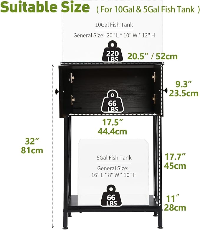 10 Gallon Fish Tank Stand with Cabinet, Double Aquarium Stand for 10 & 5 Gallon Fish Tank, Heavy Metal Stand with Stable Structure, Adjustable Table Feet & Anti-tilt Device - Black