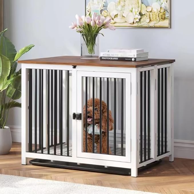 Heavy Duty Dog Crate Furniture, Fully Assembled exc. Locks, All Metal Frame & Wooden Tabletop, Modern Kennel for Small Dog, End Table, Sturdy, Foldable, White+Black/Rustic Brown