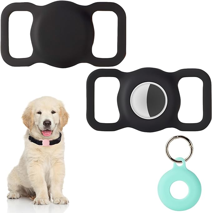 PuppyDoggy 2 Pack Airtag Holder for Collar, Dog Cat Tracker Case, Silicone Airtag Case Waterproof, Scratch-Resistant, Anti-Lost & 1 Pack AirTag Keychain Holder for Bag, Suitcase (Large, Black)