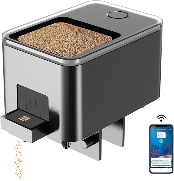 WiFi Automatic Fish Feeder for Aquarium, Food Dispenser for Fish Tank with App Control, USB Powered, Suitable for Small Fish Tank Pelleted Food, Black