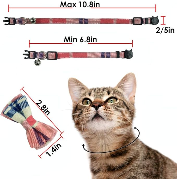 Cat Collar Breakaway with Bell and Bow Tie, Plaid Design Adjustable Safety Kitty Kitten Collars(6.8-10.8in)(Pink Plaid 2)