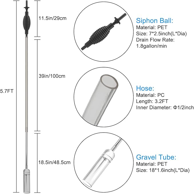 5.7FT Aquarium Siphon Vacuum Cleaner for Fish Tank Cleaning Gravel & Sand & Change The Water