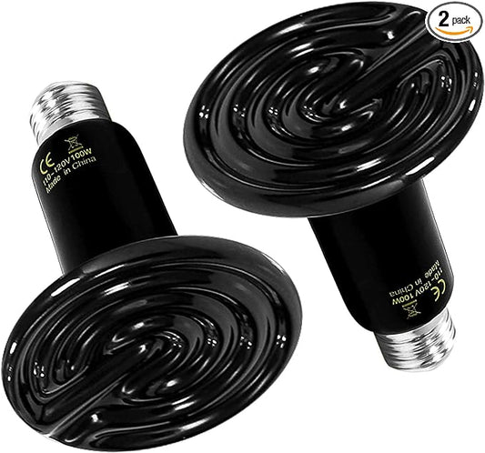 HealSmart Reptile Heat Lamp 100W 2-Pack Ceramic Heat Emitter, No Light Emitting Heat Bulbs for Amphibian Pet Brooder Coop Incubating Chicken, Lizard Bearded Dragon Turtle Snake Terrarium Black