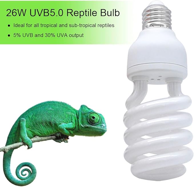 UVB Reptile Light Bulb 5.0 26W, UVA-UVB Bulbs for Reptiles Ideal for Rainforest Reptiles Bearded Dragons Lizard Tortoise Iguanas Chameleons Snake - 2 Pack