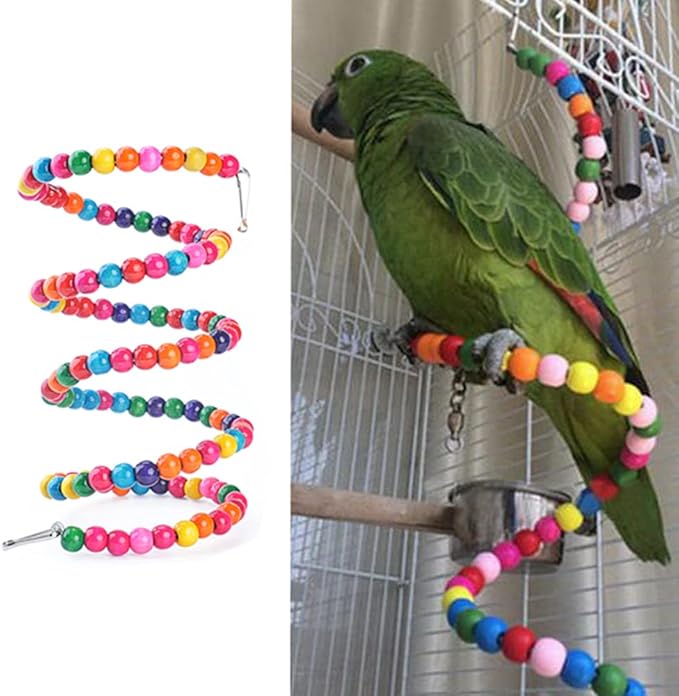 Bird Wood Beads Perch Parrot Revolving Suspension Bridge Toys Comfy Perch Bird Chew Toy for Parakeets Cockatiels, Conures, Budgerigar, Macaw, Lovebirds, Finches (59 inch)