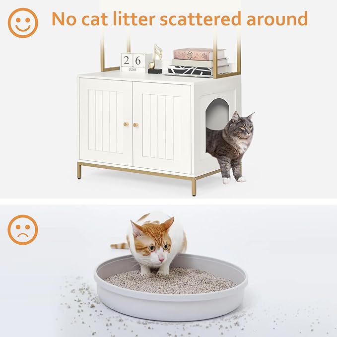 Cat Litter Box Enclosure,Litter Box Furniture Hidden with 2-Tier Storage Shelves,Wooden Cat Washroom Furniture with Metal Frame,Cat House,Modern style, White and Gold