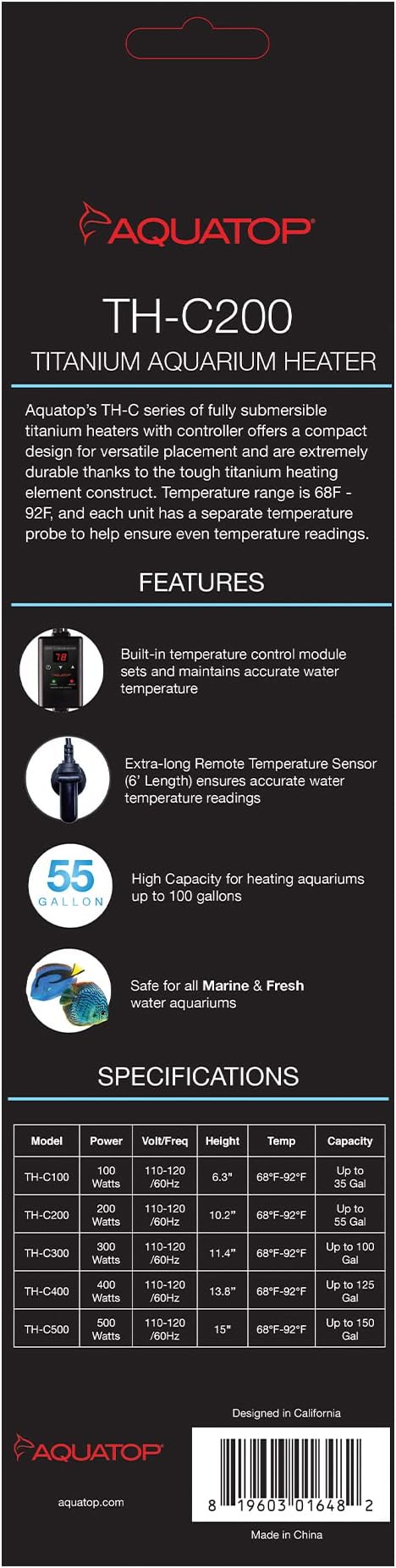 Aquatop 200W Titanium Heater with Controller - Fully Submersible for Fish Tanks Up to 55 Gallons, 68-92 Adjustable Temperature, Durable Water Heater, Aquarium Heater for Turtles & Large Fish, TH-C200