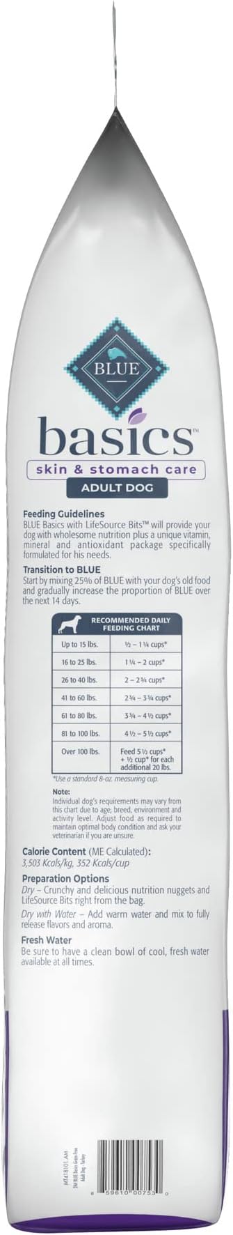 Blue Buffalo Basics Grain-Free Adult Dry Dog Food, Skin & Stomach Care, Limited Ingredient Diet for Dogs, Turkey Recipe, 24-lb. Bag