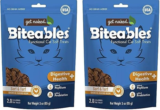 Get Naked Biteables Natural Soft Treats for Cats, Digestive Health Plus, Surf & Turf Recipe, 3 oz, 1 Pouch (Pack of 2)