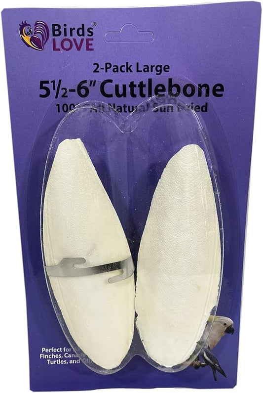 Birds LOVE Natural Cuttlebone – Premium Calcium & Trace Mineral Supplement for Avian Species, Tortoises, and Snails - Pure Cuttlebone for Parakeets, Cockatiels & All Birds - Pack of 2, Size 5.5 to 6"