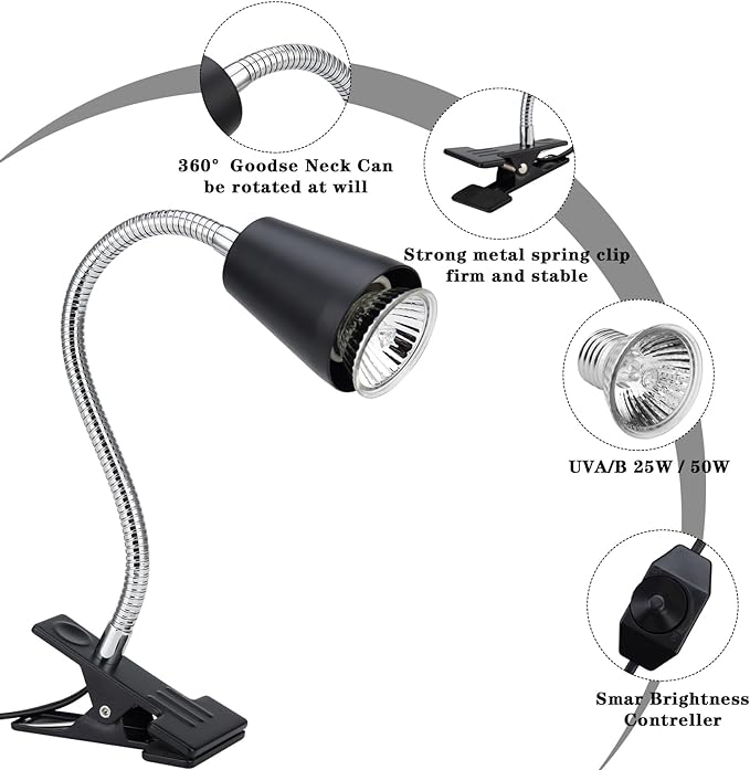 Reptile Heat Lamp,UVA/UVB Reptile Light,360° Rotatable Clip,Turtle Heating Lamp with Clamp,Reptile Basking Light for Reptiles Bearded Dragon Turtle Snake, E27 110V