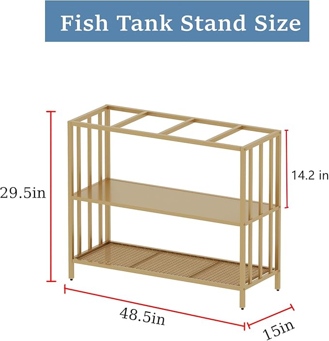 Fish Tank Stand with Metal Shelves, 55 Gallon Aquarium Stand Heavy Duty Turtle Tank Terrariums Tank Breeder Reptile Tank Stand for Home Office, 48.4” x 14.9” x 29.5” (Gold)