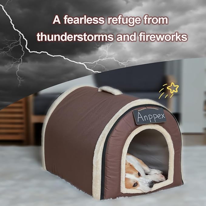 ANPPEX Dog House Indoor,2 in 1 Washable Covered Dog Bed,Insulated Cozy Dog Igloo Cave,2XL Size for Large Dogs,Brown