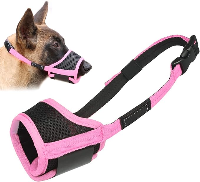 LUCKYPAW Dog Muzzle Anti Biting Barking and Chewing with Comfortable Mesh Soft Fabric and Adjustable Strap, Suitable for Small, Medium and Large Dogs(Pink Trim,L)