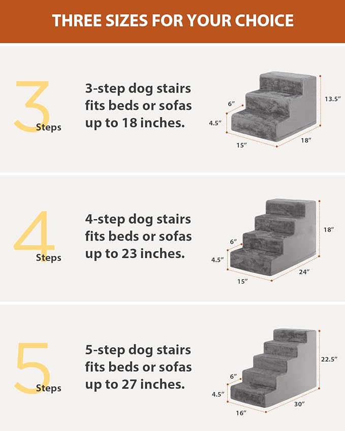 Dog Stairs for Small Dogs，18’’ 4-Step Pet Stairs for High Beds and Couches，Dog Steps with Non-Slip Bottom and High-Density Foam Indoor Outdoor, Grey