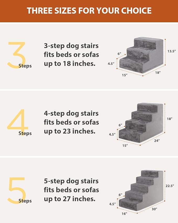 Dog Stairs for Small Dogs 13.5'' 3-Step Pet Stairs for High Beds and Couches，Dog Steps with Non-Slip Bottom and Removable Cover Indoor Outdoor, Grey