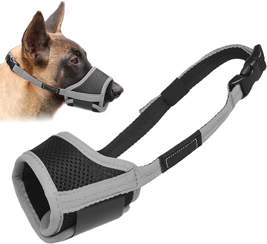 LUCKYPAW Dog Muzzle Anti Biting Barking and Chewing with Comfortable Mesh Soft Fabric and Adjustable Strap, Suitable for Small, Medium and Large Dogs(Gray Trim,XL)