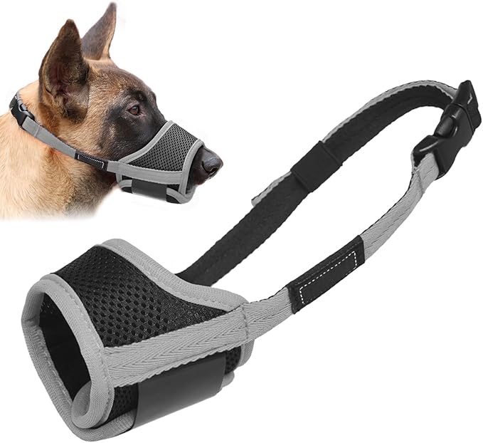 LUCKYPAW Dog Muzzle Anti Biting Barking and Chewing with Comfortable Mesh Soft Fabric and Adjustable Strap, Suitable for Small, Medium and Large Dogs(Gray Trim,L)