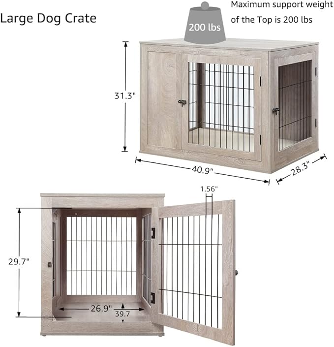 unipaws Furniture Style Dog Crate for Medium Large Dogs, Indoor Aesthetic Dog Stuff Kennel, Modern Decorative Wood Wire Pet House Dog Cage, Pretty Cute End Side Table Nightstand, Weathered Grey