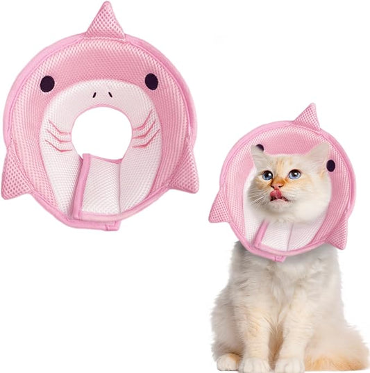 Cat Cone Collar Soft, Adjustable Cat Recovery Collar After Surgery to Prevent Licking Wound, Breathable Cat Neck Cone Comfortable Pet Elizabethan Collar for Cats Kittens Cute Shark Design