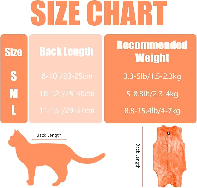 Cat Recovery Suit for Male and Female Surgical Post Surgery Soft Cone Onesie Tie Dye Cats Shirt Clothes Neuter Licking Protective Diapers Outfit Cover Kitten Spay Collar Alternative(Orange, L)