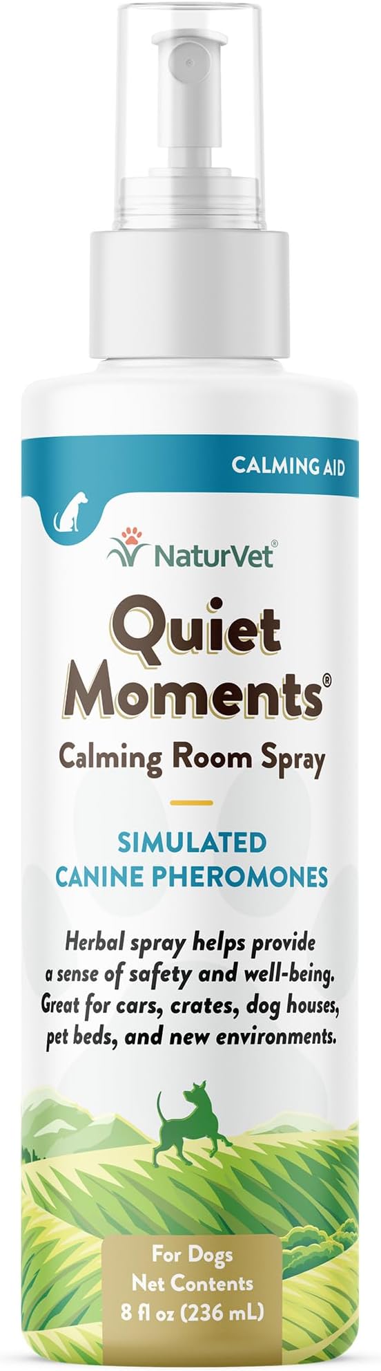 NaturVet Quiet Moments Herbal Calming Room Spray Dog Supplement – Ideal for Cars, Dog Crates, New Environments – Helps Reduce Pet Stress, Storm Anxiety, Motion Sickness – 8 Oz.