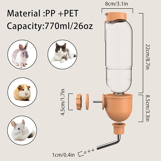 Pet Water Bottle for Cage Crate 26oz Water Dispenser for Small Animal Rabbit Guinea Pig Chinchilla Ferret Squirrel Hedgehog (Orange)