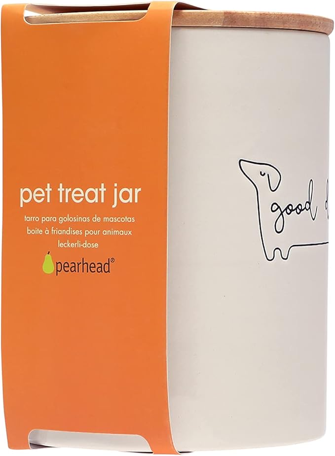 Pearhead Good Dog Treat Jar, Ceramic and Wood Pet Treat Canister, Neutral Modern Kitchen Decor, Pet Accessories, Dog Biscuit Storage Jar, Freshness Seal, Holds 4 Cups