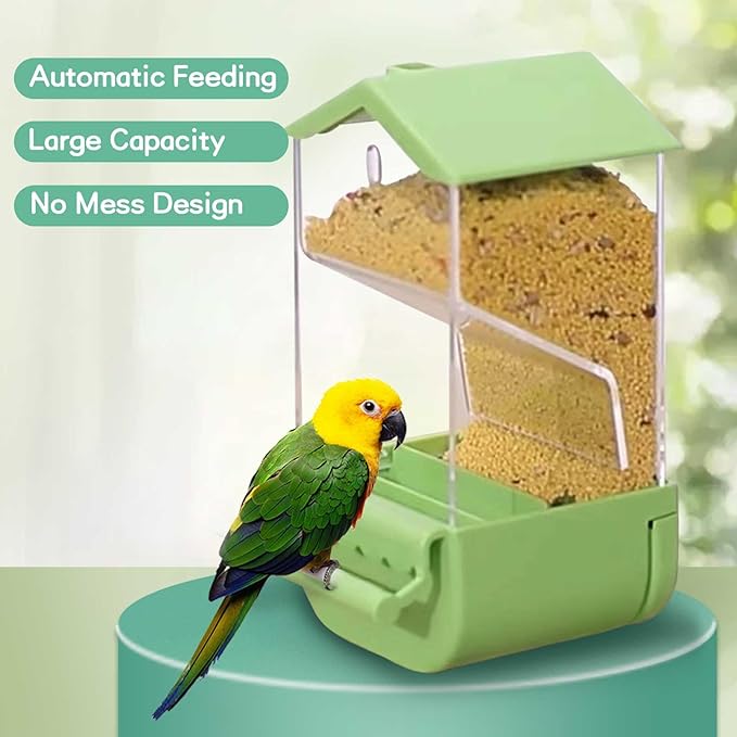 Automatic Bird Cage Feeder No Mess Parakeets Seed Food Container Acrylic Parrot Feeder Cage Accessories Transparent Small and Medium Lovebirds Canary Cockatiel Finch (Green)