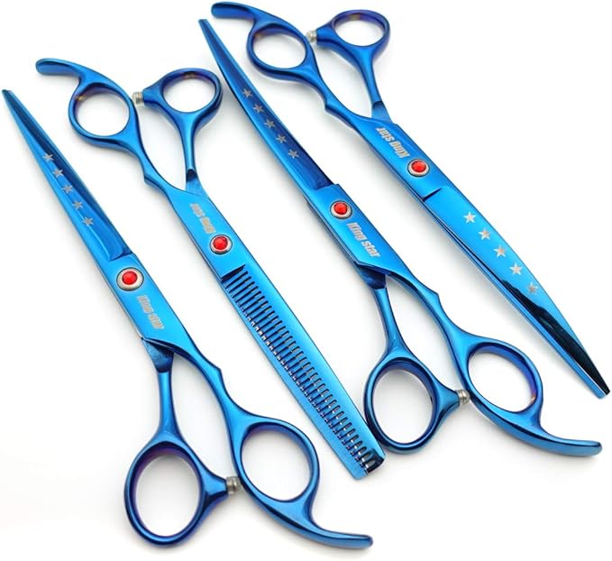 7.0in Titanium Blue Professional Pet Grooming Scissors Set,Straight & Thinning & Curved Scissors 4pcs Set for Dog Grooming,(Blue)