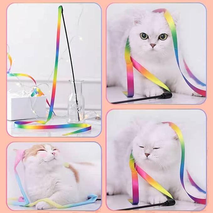 LASOCUHOO Interactive Cat Rainbow Wand Toys, Interactive Cat Teaser Wand String, Colorful Ribbon Charmer for Most Cats and Kittens - 2 PCS